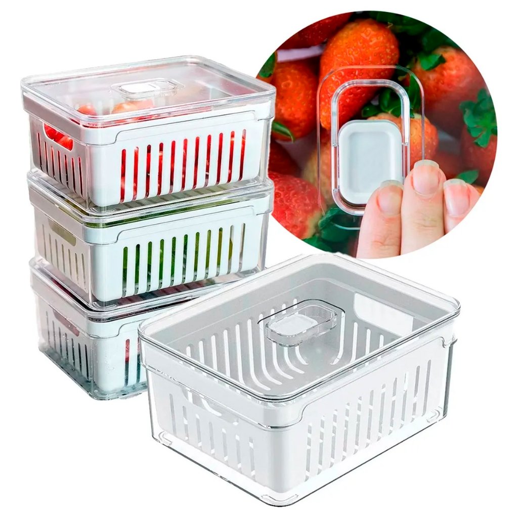 Kit 4 Organizadores de Geladeira de Acrílico 2,2 Litros com Tampa e Cesto de Drenagem