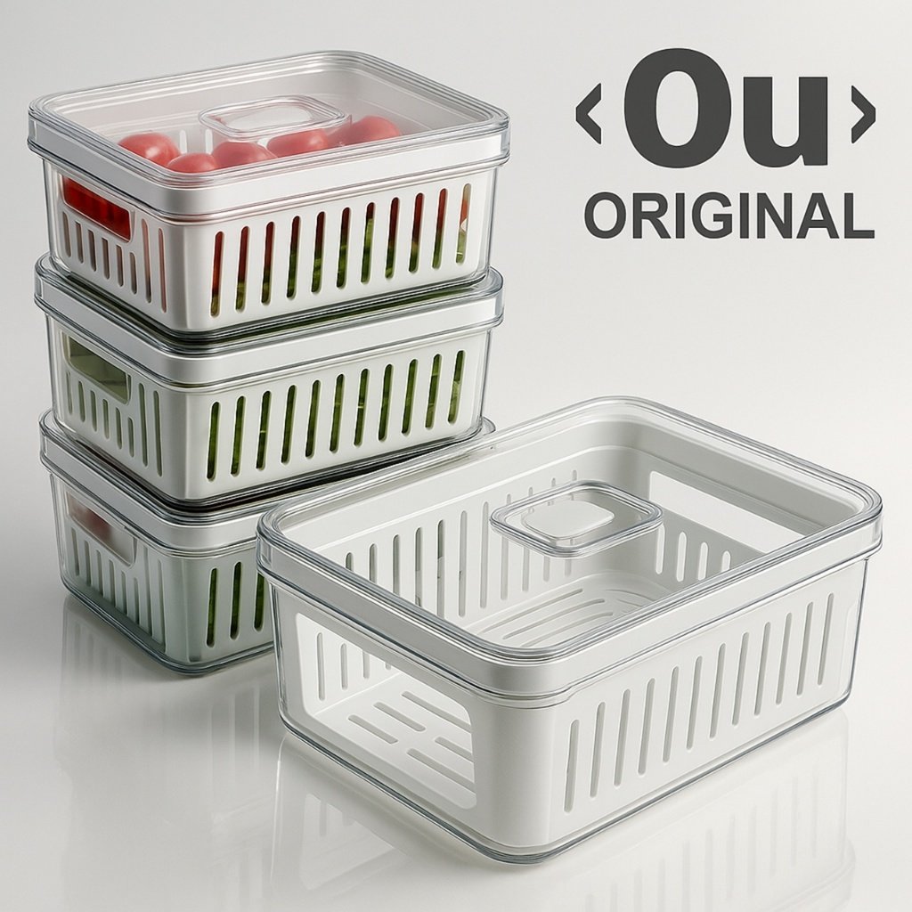 Kit Pote Organizador de Geladeira Com Escorredor Cesto Tampa Multiuso Alimentos Verdura Vegetais OU