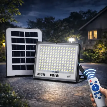 Refletor Solar 300w Led Externo Ip66 Lampada Com Placa Solar + Controle Remoto Sem Fio Luz Branca 6500k À Prova Dágua Alta Potência Bahrein Preto Branco-frio