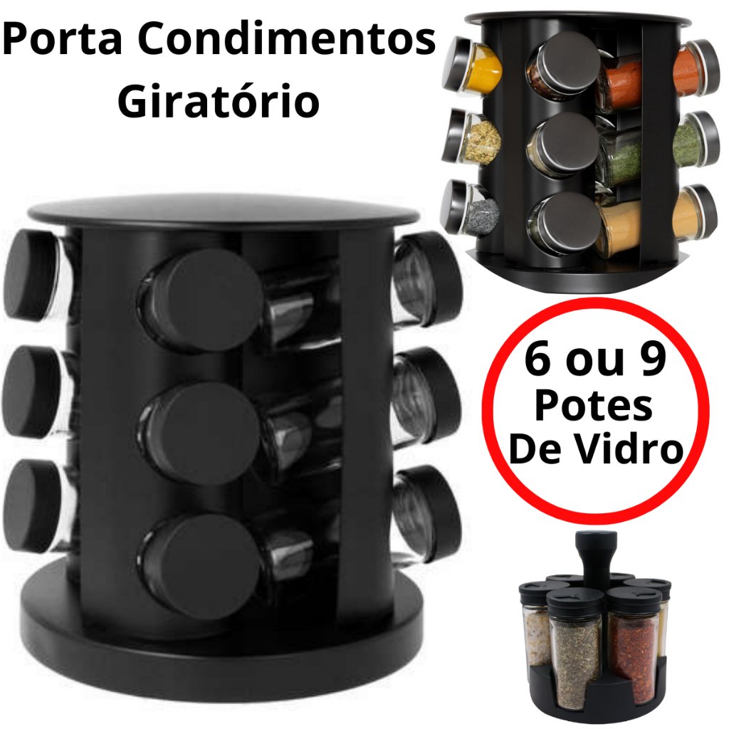 Porta Temperos Condimentos Giratório 6 e 9 Potes Vidro 90G com Tampa Dosadora Preto + Etiquetas Adesivas