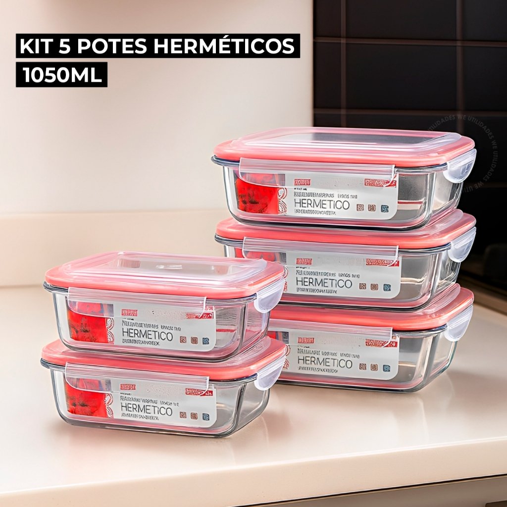 Kit 5 ou 2 Potes De Vidro Hermético Grande Marmita Tampa Silicone 1050ml