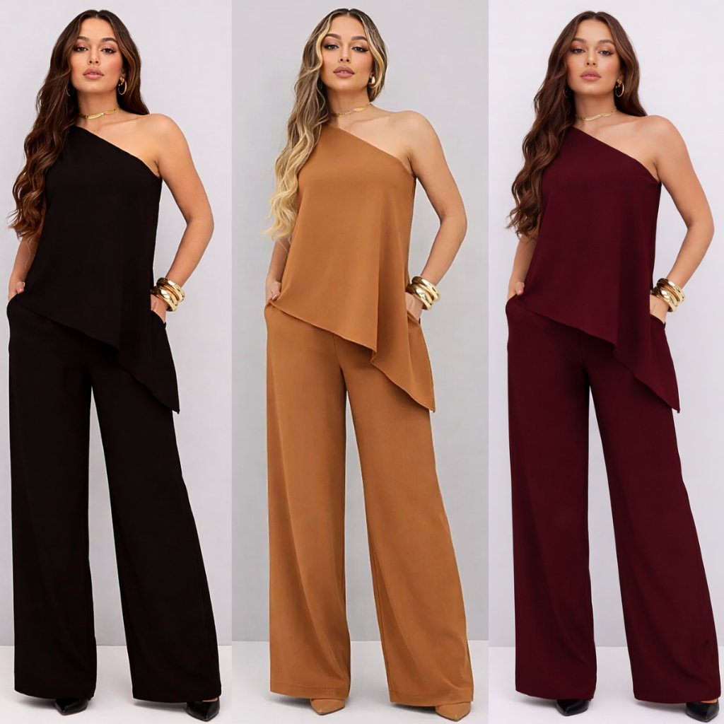 Conjunto Feminino Uma Alça Social Duna Elegante Blusa Nula Manga e Calça Pantalona Alfaiataria Mula Manca Moda Promoção
