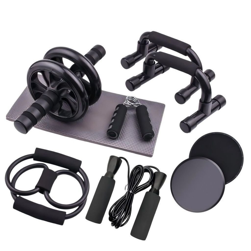 Kit Fitness 6 em 1 Roda Abdominal Flexão Corda Elástico Hand Grip Tapete Treino em Casa