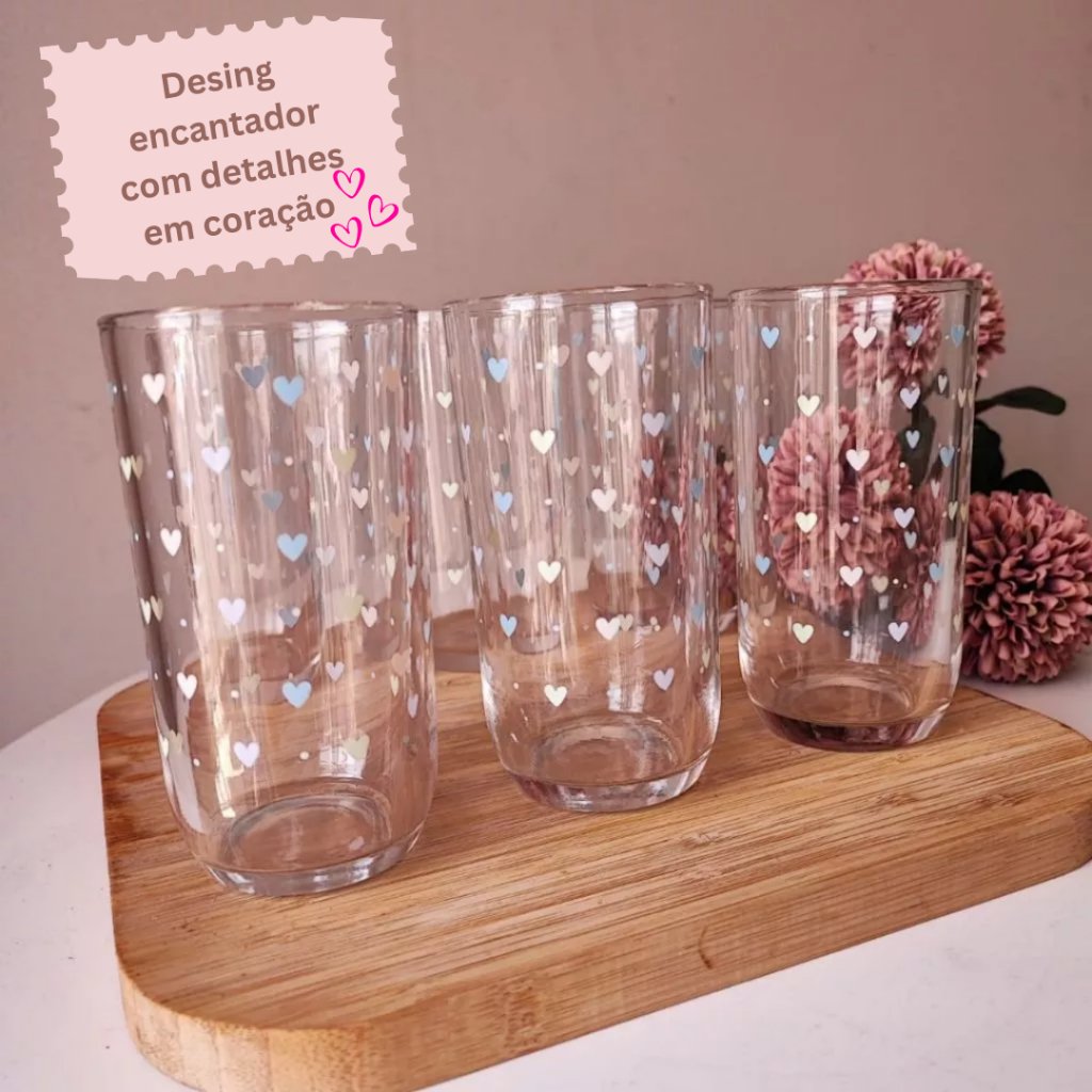 Conjunto Copos de Vidro com Coração 💖 240ml | Kit com 12 6 ou 03 Unidades | Luxo para Sua Mesa | Ideal para Presentear 🎁