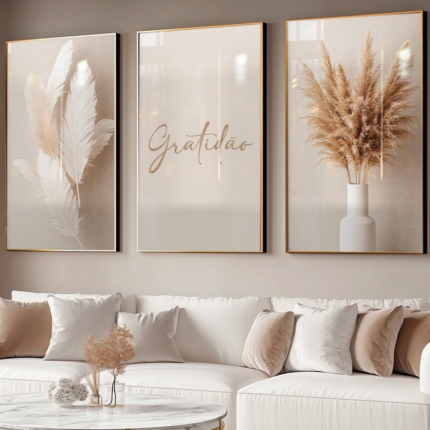 Quadro Decorativos Trio Gratidão Ramo de Trigo Prosperidade Branco Moderno para Sala Hall Escritório