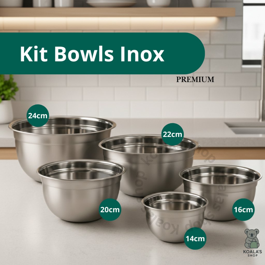 Conjunto de Bowl Inox Kit Peças de Tigela Inox Empilhável 14cm 16cm 20cm 22cm 24cm Gamela ou Bacia Cozinha