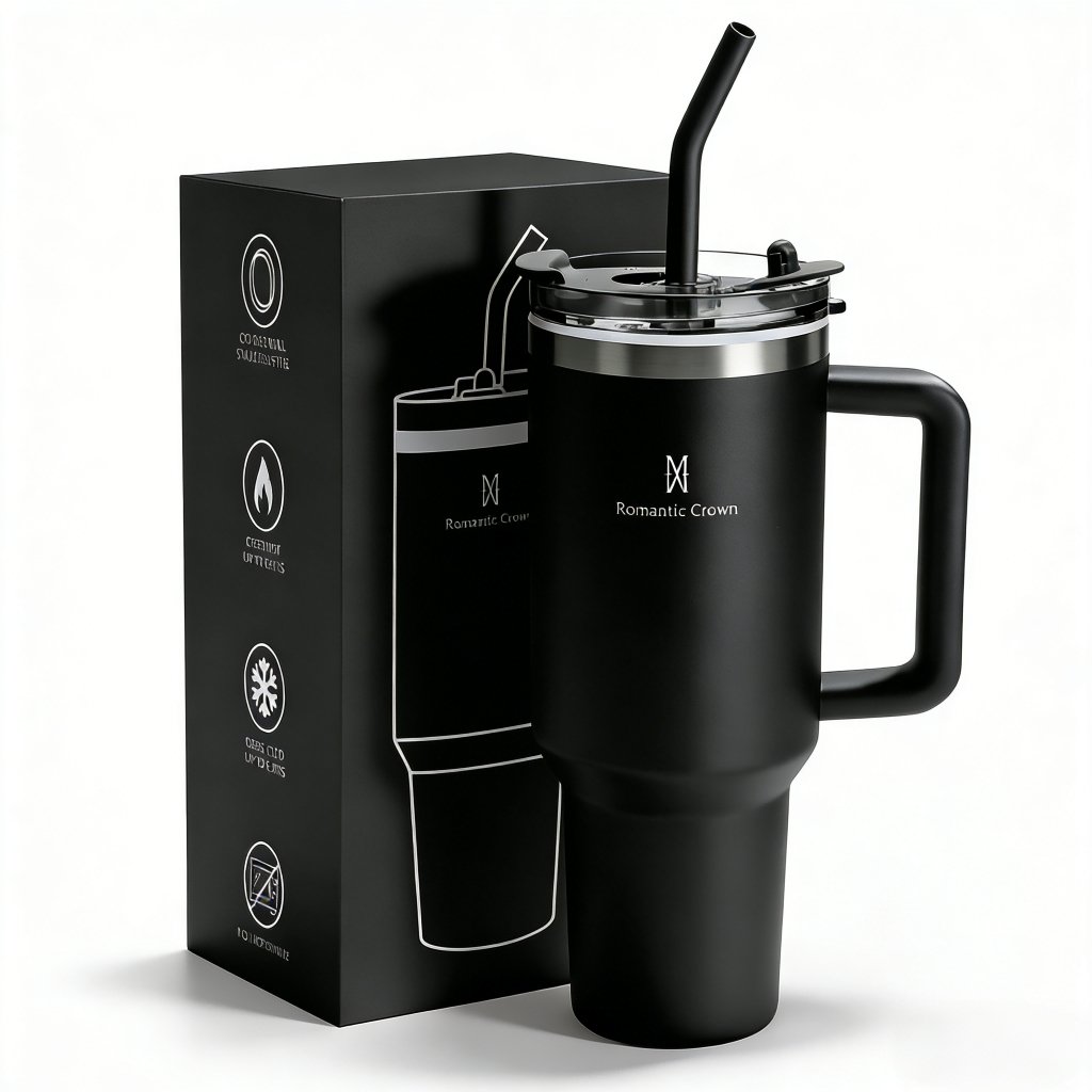 ROMANTIC CROWN Copo Térmico Inox Portátil 1200ml/600ml com Tampa e Canudo Garrafa Térmica Inoxidável