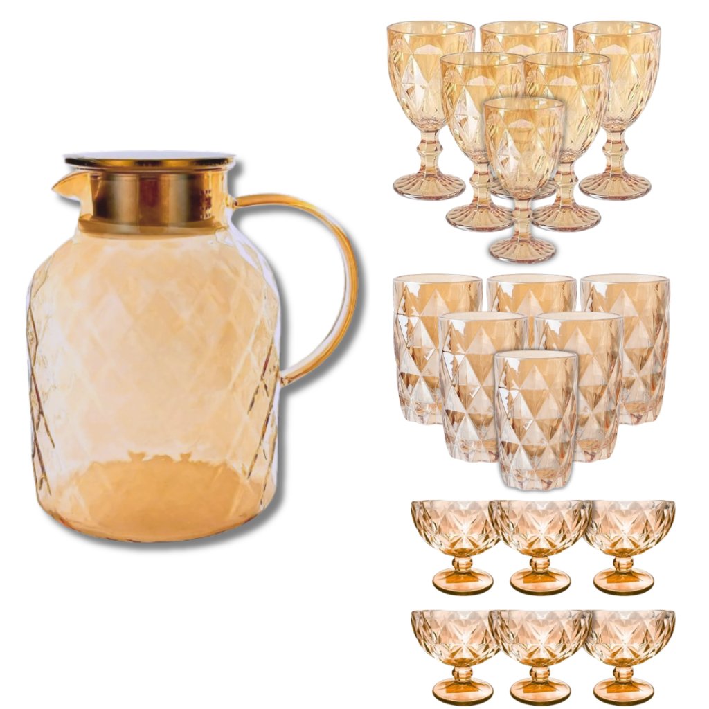 Coleção Diamond Ambar Jarra 1.8L, 6 Taças 340ML, 6 Copos e 6 Taças de sobremesa ou Kit Completo