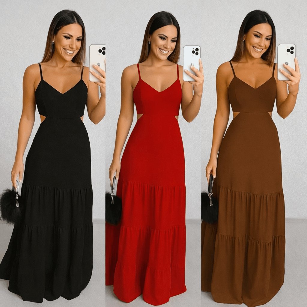 Vestido Maya Feminino Longo Tecido Duna Possui Zíper nas Costas Babado Alcinha com Bojo Soltinho Moda Mulher Verão