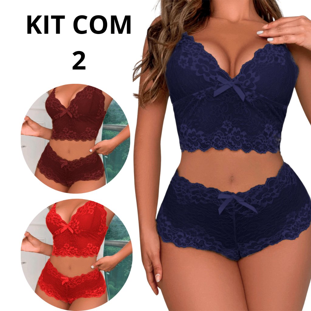 Kit Conjunto Renda Espera Marido Lingerie Cropped Sutiã Sem Bojo Short Calcinha Caleçon