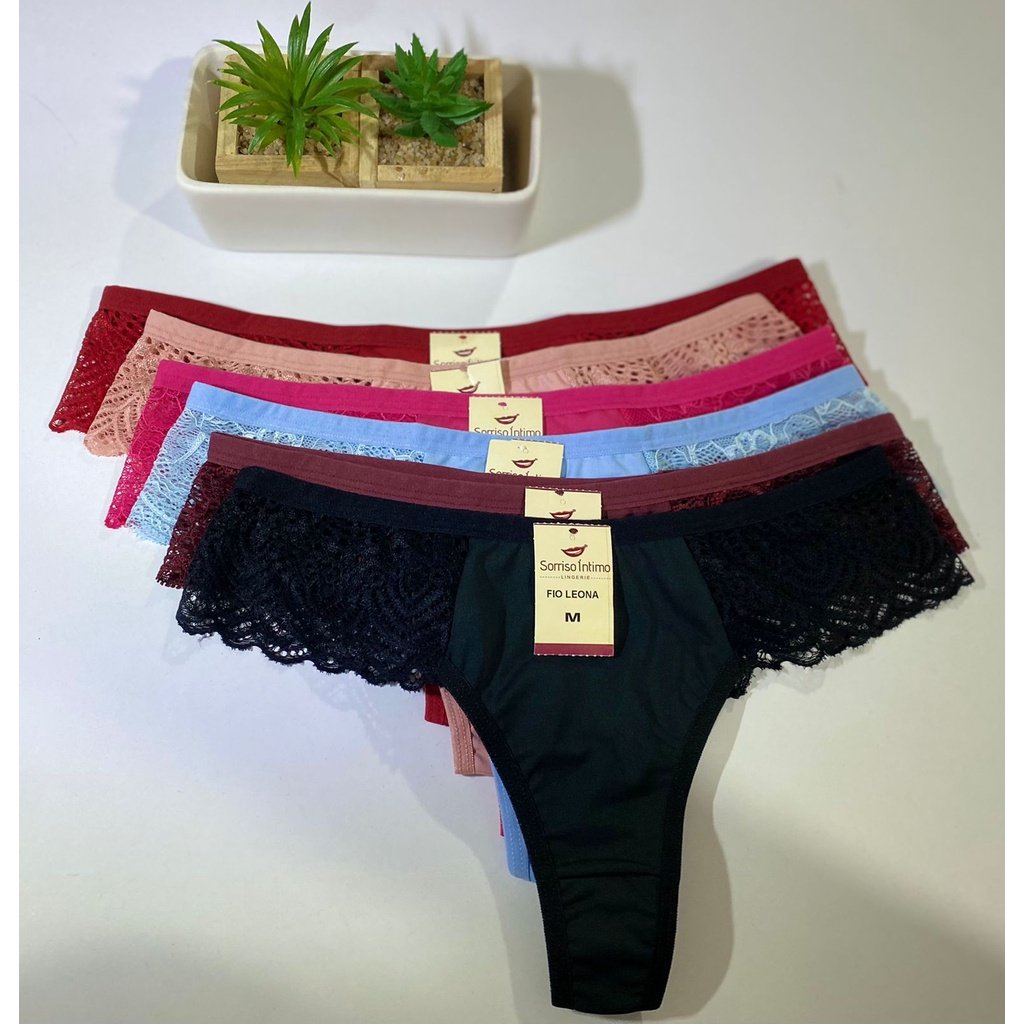 Kit 10 Calcinhas Leona Fio Dental E Renda Na Lateral Lingerie