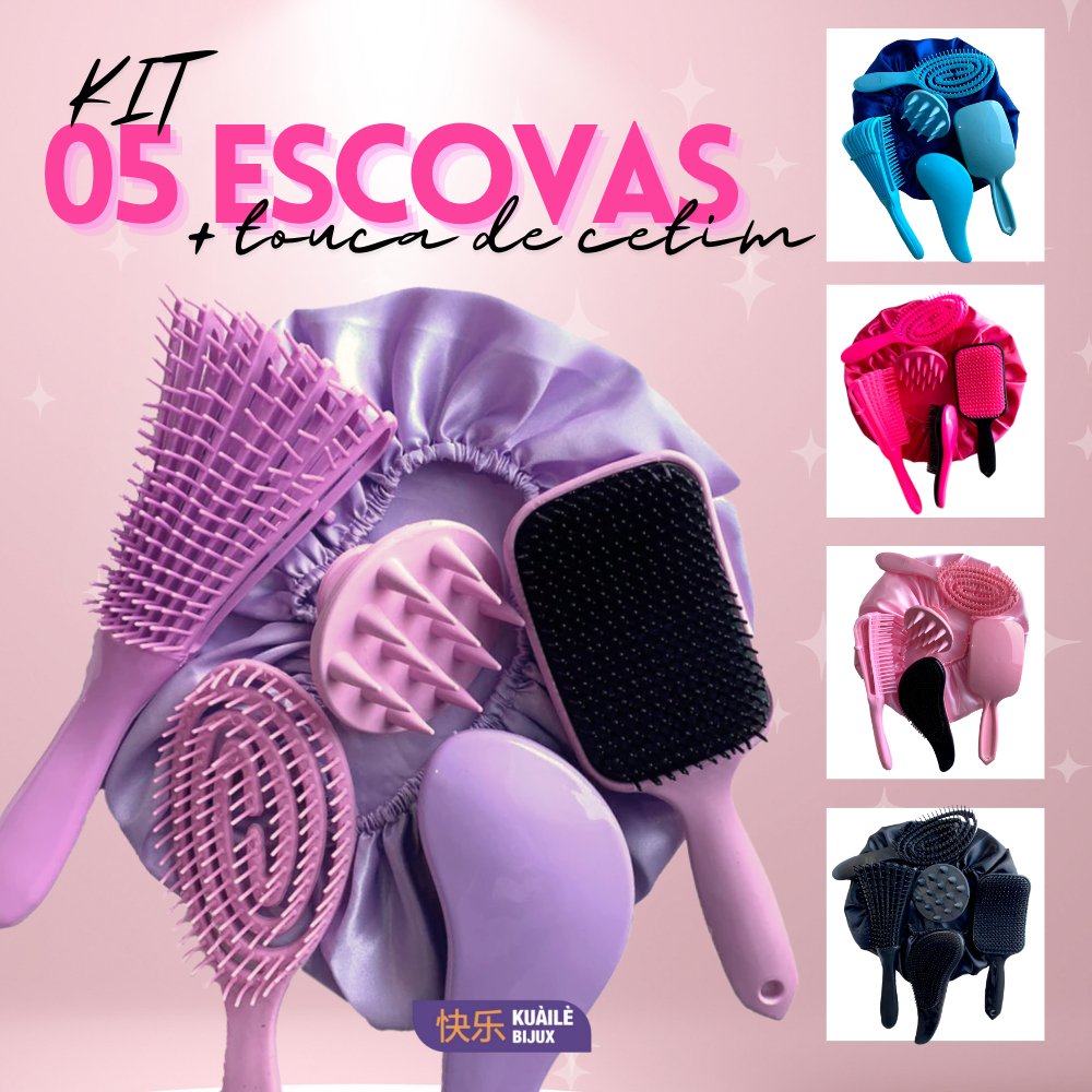 Kit 05 Escova Flex com Raquete Fashion Escova Mágica Massageador de Silicone e Touca de Cetim