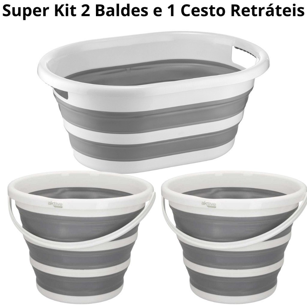 Kit Com 1 Cesto De 26 Litros Retrátil de Silicone E 2 Baldes De 10 Litros Retrátil Dobrável Silicone