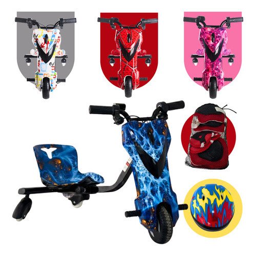 Triciclo Drift Elétrico Infantil 75kg 36V Mini Moto Veículo Trike LED Bluetooth