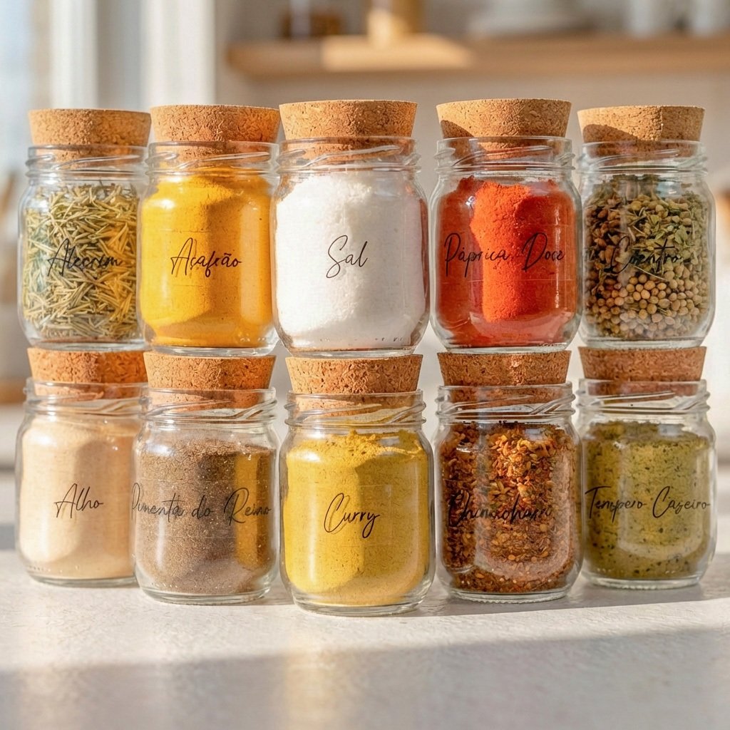 Potes de Tempero Vidro 200ml + Cartela de Temperos com 28 Adesivos Opcional | ESCOLHA SEU KIT
